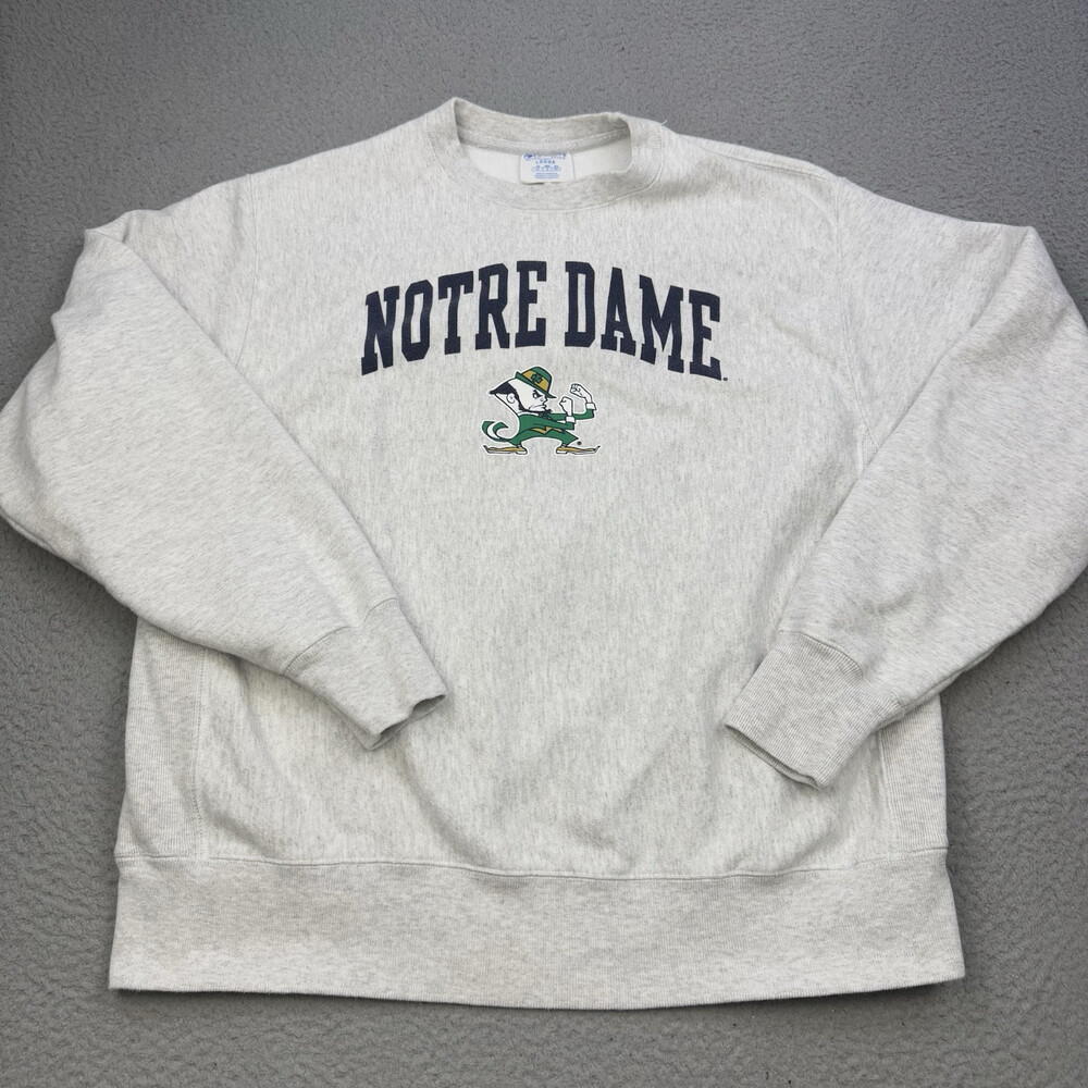 NOTRE DAME Sweater Mens Large Gray Champion Reverse Weave Sweatshirt Irish